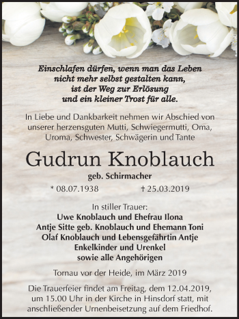 Traueranzeige von Gudrun Knoblauch von Mitteldeutsche Zeitung Köthen