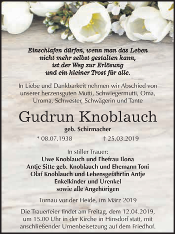 Traueranzeige von Gudrun Knoblauch von WVG - Wochenspiegel Dessau / Köthen