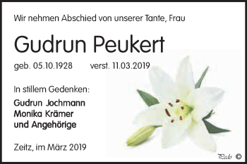 Traueranzeige von Gudrun Peukert von WVG - Wochenspiegel NMB / WSF / ZTZ