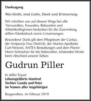 Traueranzeige von Gudrun Piller von WVG - Wochenspiegel NMB / WSF / ZTZ