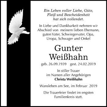 Traueranzeige von Gunter Weißhahn von Mitteldeutsche Zeitung Mansfelder Land