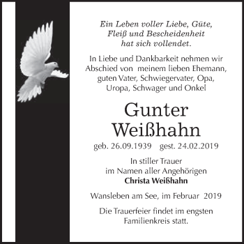 Traueranzeige von Gunter Weißhahn von Wochenspiegel Mansfelder Land