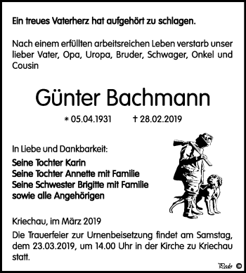 Traueranzeige von Günter Bachmann von Mitteldeutsche Zeitung Weißenfels