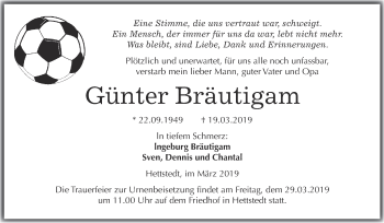 Traueranzeige von Günter Bräutigam von Wochenspiegel Mansfelder Land