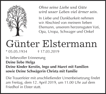 Traueranzeige von Günter Elstermann von WVG - Wochenspiegel Wittenberg