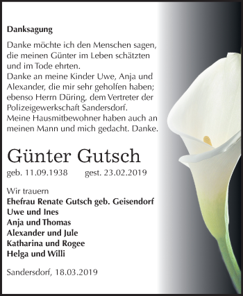 Traueranzeige von Günter Gutsch von Mitteldeutsche Zeitung Bitterfeld