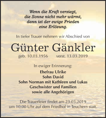 Traueranzeige von Günter Gänkler von WVG - Wochenspiegel NMB / WSF / ZTZ