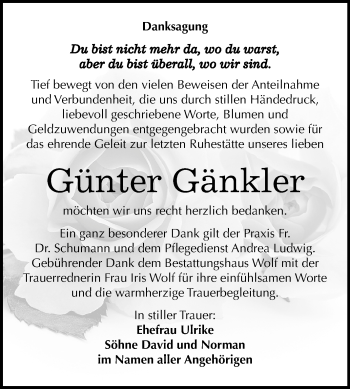 Traueranzeige von Günter Gänkler von Mitteldeutsche Zeitung Weißenfels