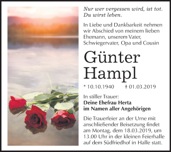 Traueranzeige von Günter Hampl von Mitteldeutsche Zeitung Halle/Saalkreis
