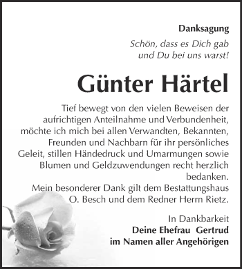 Traueranzeige von Günter Härtel von WVG - Wochenspiegel Dessau / Köthen