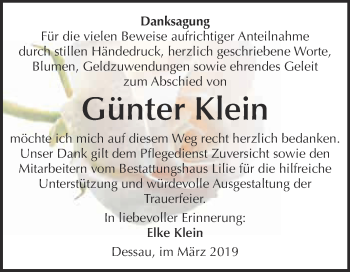 Traueranzeige von Günter Klein von WVG - Wochenspiegel Dessau / Köthen