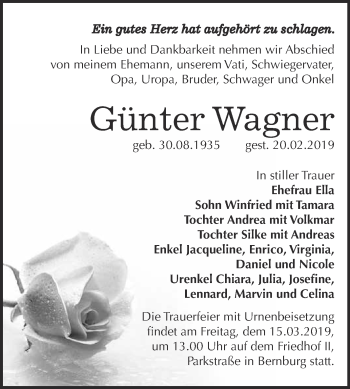 Traueranzeige von Günter Wagner von Super Sonntag Bernburg