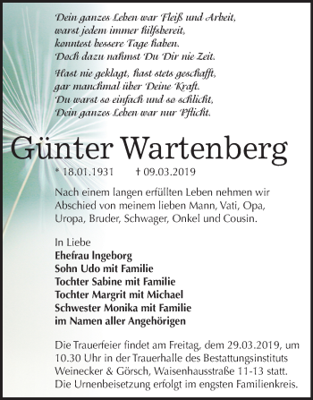 Traueranzeige von Günter Wartenberg von Mitteldeutsche Zeitung Bernburg