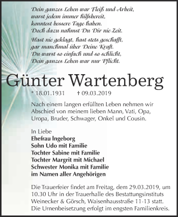 Traueranzeige von Günter Wartenberg von Super Sonntag Bernburg