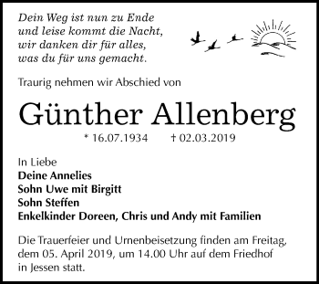 Traueranzeige von Günther Allenberg von Mitteldeutsche Zeitung