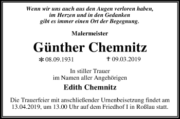 Traueranzeige von Günther Chemnitz von WVG - Wochenspiegel Dessau / Köthen