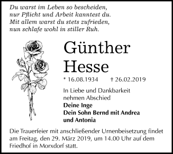 Traueranzeige von Günther Hesse von Mitteldeutsche Zeitung