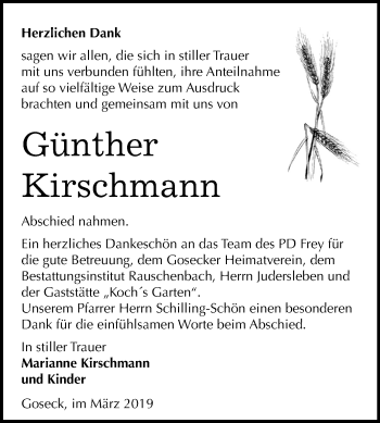 Traueranzeige von Günther Kirschmann von Mitteldeutsche Zeitung Weißenfels