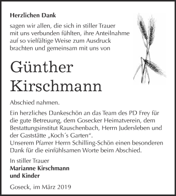 Traueranzeige von Günther Kirschmann von WVG - Wochenspiegel NMB / WSF / ZTZ
