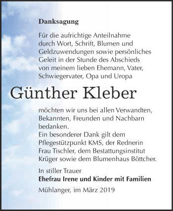 Traueranzeige von Günther Kleber von WVG - Wochenspiegel Wittenberg