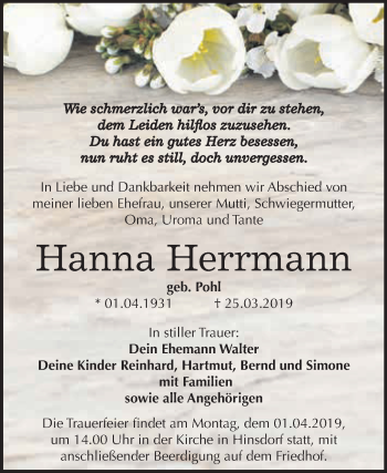 Traueranzeige von Hanna Herrmann von WVG - Wochenspiegel Dessau / Köthen