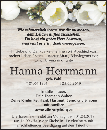 Traueranzeige von Hanna Herrmann von Mitteldeutsche Zeitung Köthen