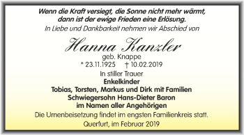 Traueranzeige von Hanna Kanzler von WVG - Wochenspiegel Merseburg