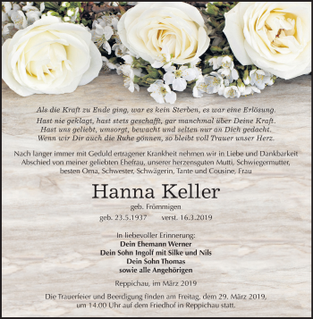 Traueranzeige von Hanna Keller von Mitteldeutsche Zeitung