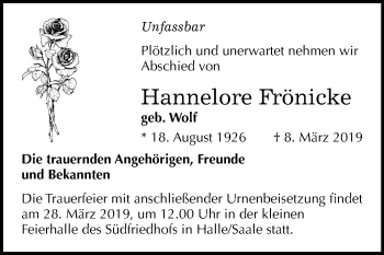 Traueranzeige von Hannelore Frönicke von Mitteldeutsche Zeitung Halle/Saalkreis