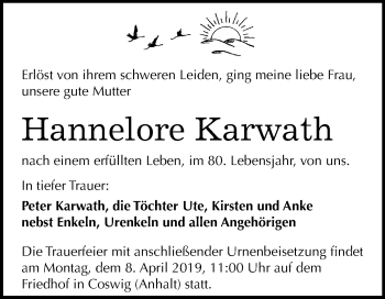 Traueranzeige von Hannelore Karwath von Mitteldeutsche Zeitung