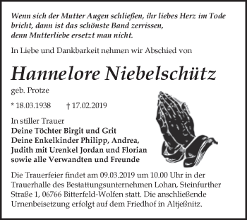 Traueranzeige von Hannelore Niebelschütz von WVG - Wochenspiegel Bitterfeld