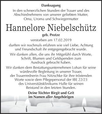 Traueranzeige von Hannelore Niebelschütz von WVG - Wochenspiegel Bitterfeld