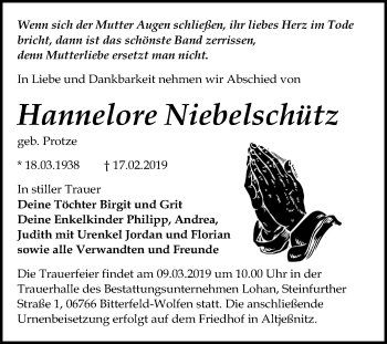 Traueranzeige von Hannelore Niebelschütz von Mitteldeutsche Zeitung