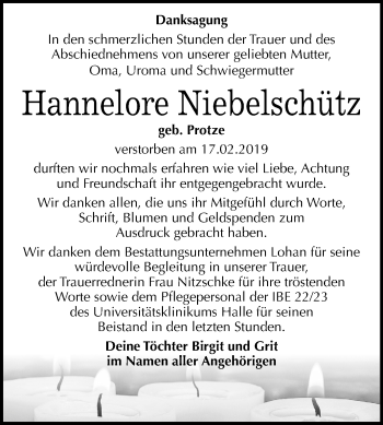 Traueranzeige von Hannelore Niebelschütz von Mitteldeutsche Zeitung Bitterfeld