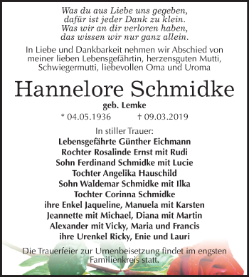Traueranzeige von Hannelore Schmidke von Mitteldeutsche Zeitung