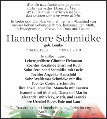 Traueranzeige von Hannelore Schmidke von WVG - Wochenspiegel Merseburg