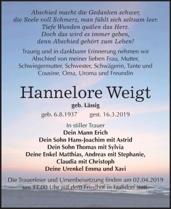 Traueranzeige von Hannelore Weigt von Mitteldeutsche Zeitung Köthen