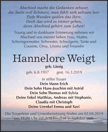 Traueranzeige von Hannelore Weigt von Super Sonntag Dessau / Köthen