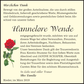 Traueranzeige von Hannelore Wende von Mitteldeutsche Zeitung Quedlinburg