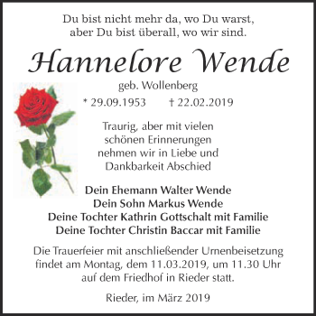 Traueranzeige von Hannelore Wende von Super Sonntag Quedlinburg