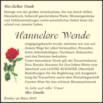 Traueranzeige von Hannelore Wende von Super Sonntag Quedlinburg
