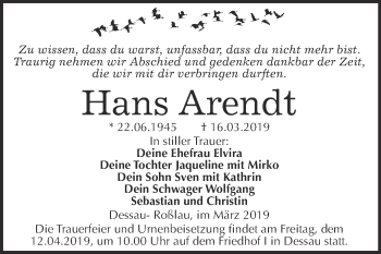 Traueranzeige von Hans Arendt von WVG - Wochenspiegel Dessau / Köthen