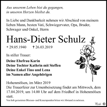 Traueranzeige von Hans-Dieter Schulz von Mitteldeutsche Zeitung Weißenfels