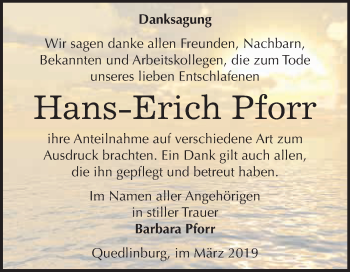 Traueranzeige von Hans-Erich Pforr von WVG - Wochenspiegel Quedlinburg