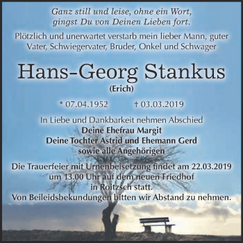 Traueranzeige von Hans-Georg Stankus von WVG - Wochenspiegel Bitterfeld