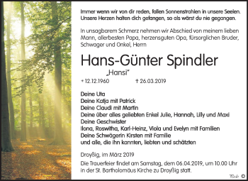 Traueranzeige von Hans-Günter Spindler von Mitteldeutsche Zeitung Zeitz