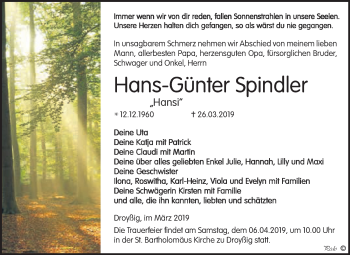 Traueranzeige von Hans-Günter Spindler von WVG - Wochenspiegel NMB / WSF / ZTZ