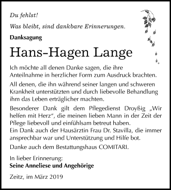 Traueranzeige von Hans-Hagen Lange von WVG - Wochenspiegel NMB / WSF / ZTZ