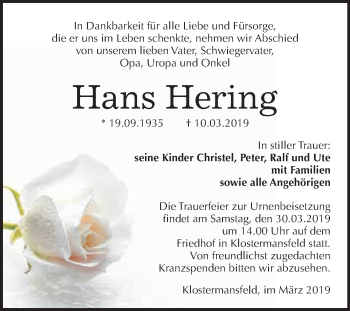 Traueranzeige von Hans Hering von Super Sonntag SGH Mansf. Land