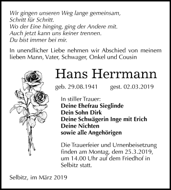Traueranzeige von Hans Herrmann von Mitteldeutsche Zeitung